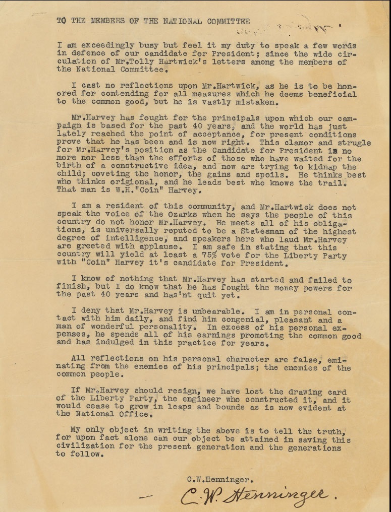 C.W. Henninger's Letter in Defense of Harvey